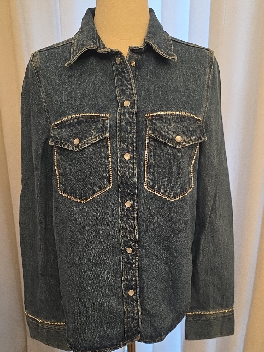 H&M Dark Blue Embellished Denim Button-Up Shirt